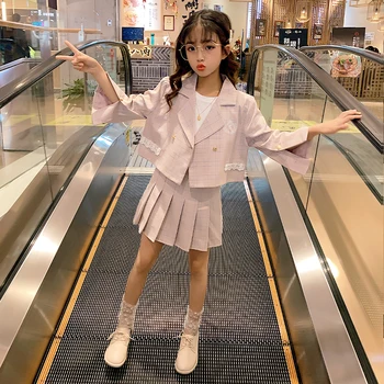 

Girl Fall Outfits 2020 Autumn and Winter Plaid Children Clothing Suit for Girl Coat+Skirt Baby Girls Tracksuit Kids Clothes Sets