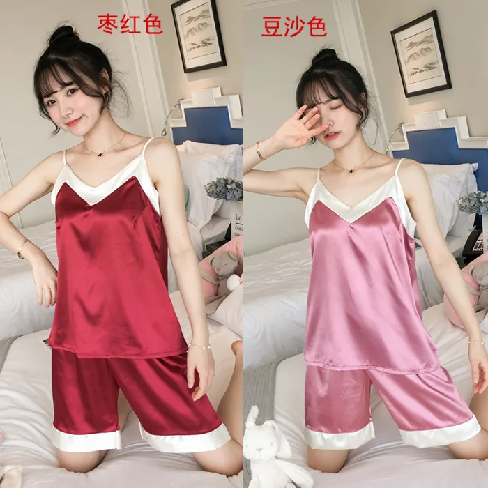 

2019 Imitated Silk Fabric Summer Spaghetti Strap Pajamas Women's V-neck Sexy Temptation Fresh Cool And Refreshing Homewear Set