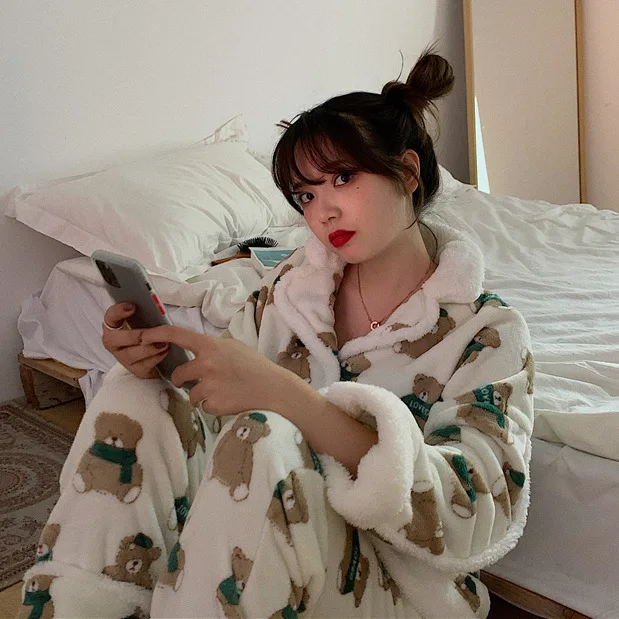 

2019 New Style Autumn And Winter Korean-style Loose Thick Printed Pajamas Suit Cute Warm Tracksuit Piece Women's Fashion