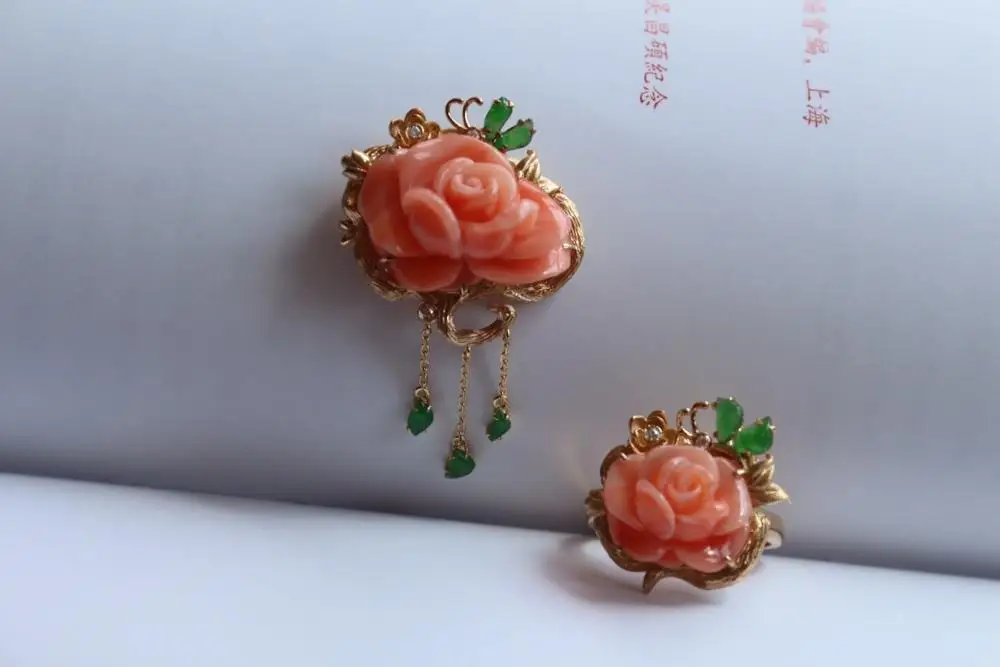 Fine Jewelry Pure 18 K Rose Gold Sets Taiwan Origin Momo Pink Precious Coral Gemstones Diamonds Female's | Украшения и