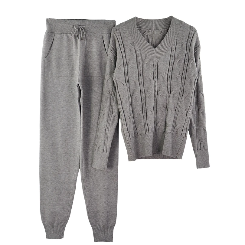 MVGIRLRU/осенне-зимний комплект со свитером; вязаный костюм из двух предметов с v-образным вырезом - Color: Gray