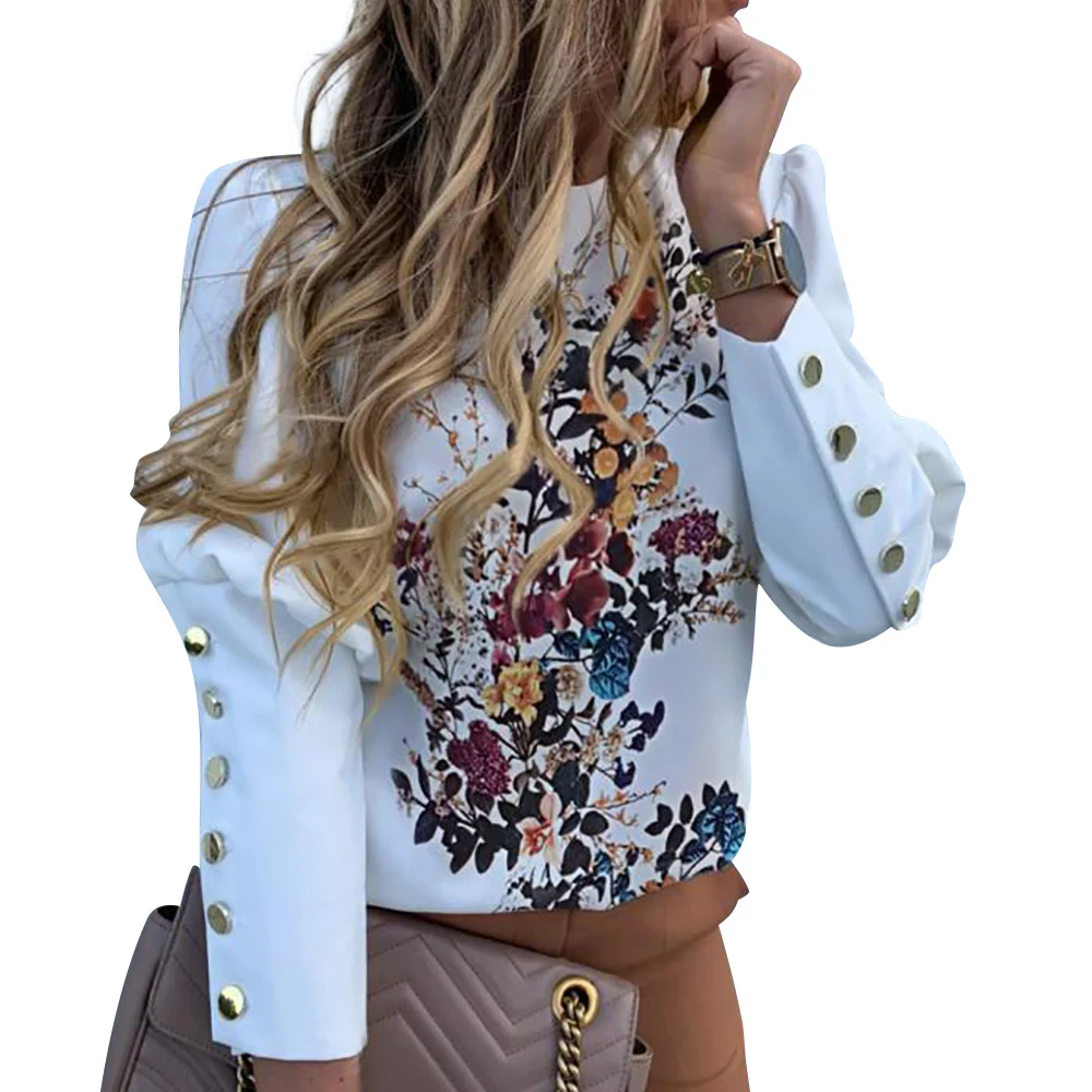 Женские топы и блузки, зимняя рубашка с длинным рукавом и цветочным принтом, Женская белая рубашка с буквенным принтом, блузка с круглым вырезом и пышными рукавами, Femme D30