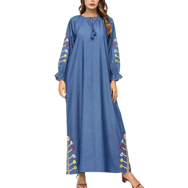 MISSJOY New Fashion muslim clothing dubai Women Long Sleeve Denim Abaya Embroidery flower Patchwork turkey islamic Maxi dress