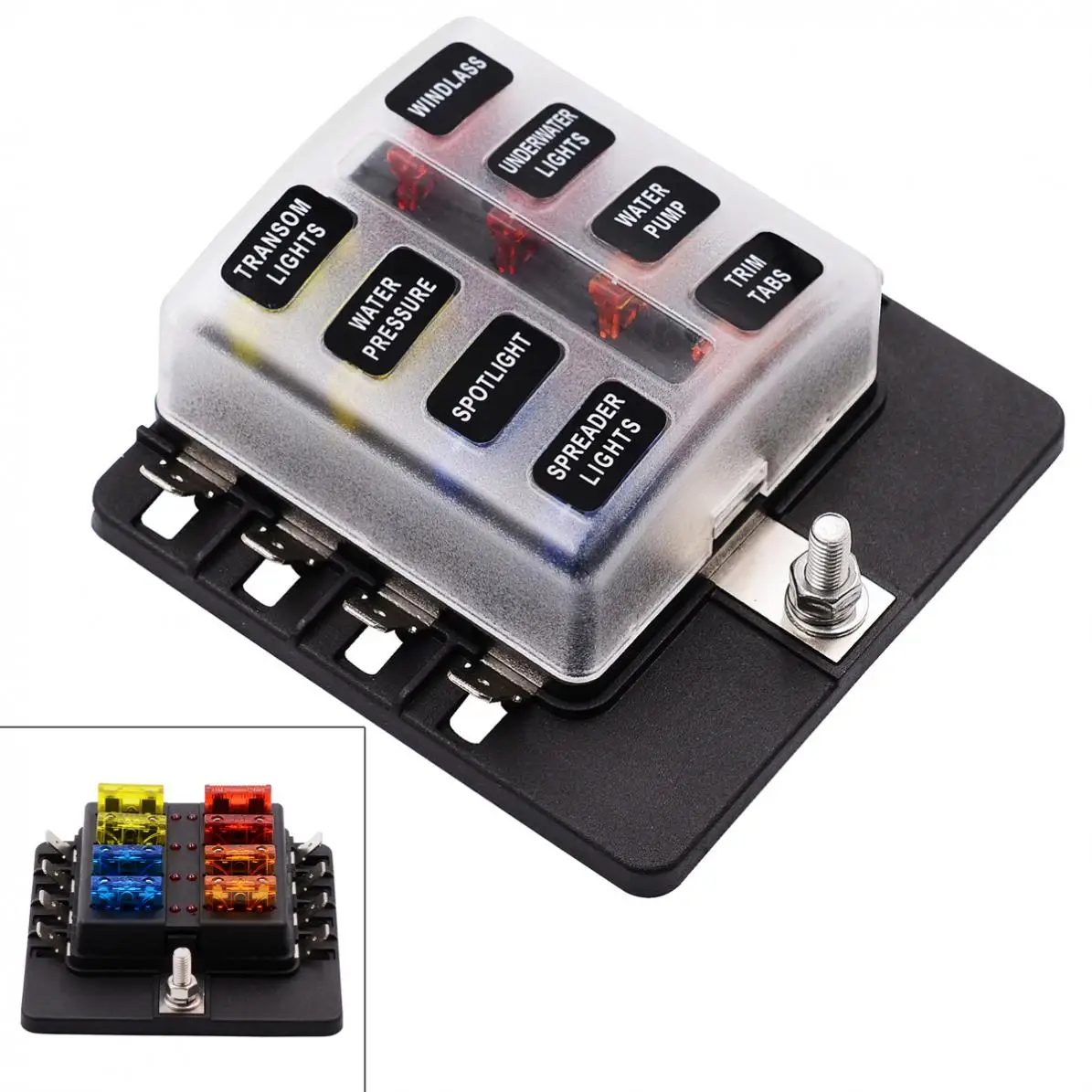 

Max 32V Plastic Cover 8 Way Blade Fuse Box Holder M5 stud with LED Indicator for Car Boat Marine New