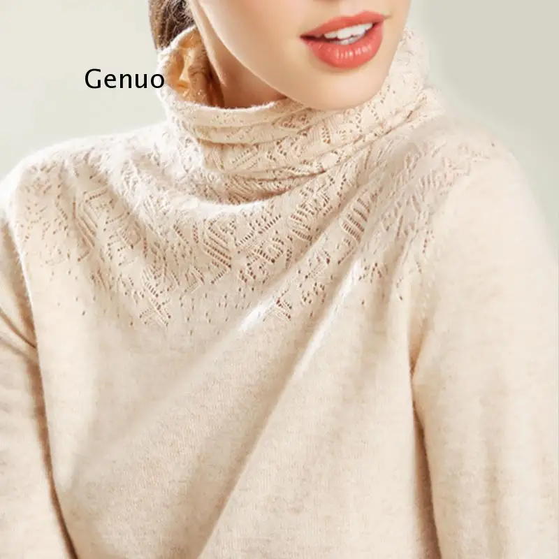 

Turtleneck Cashmere Cotton blend Openwork carve sweater women autumn winter jumper sweter robe pull femme Pullover sweaters
