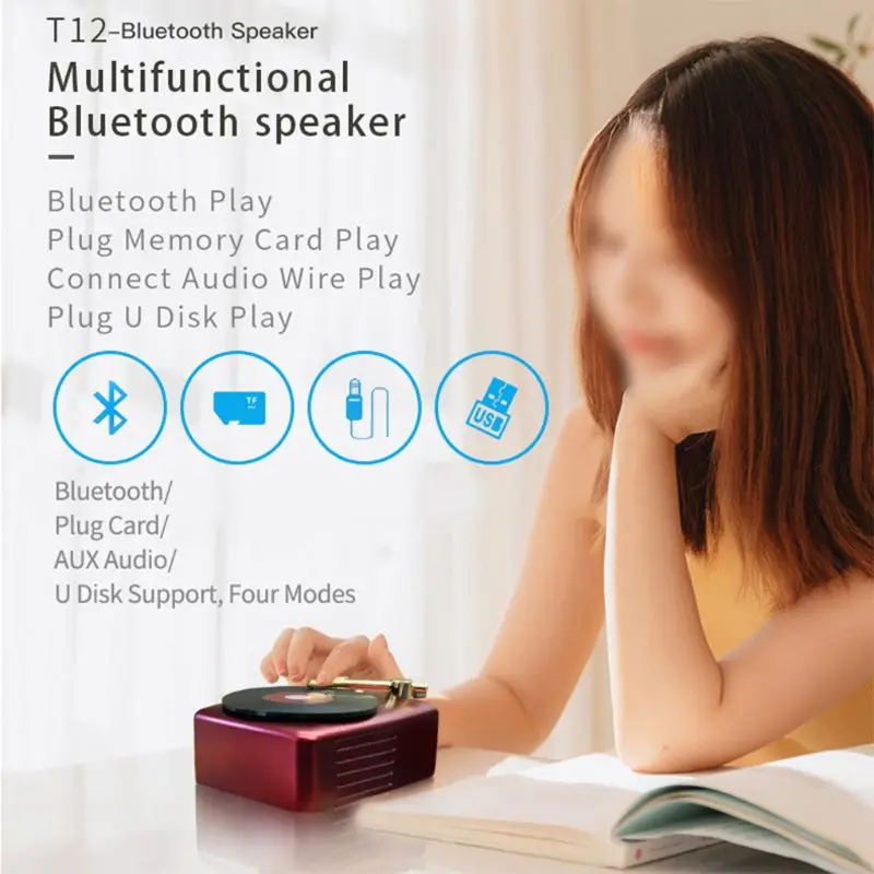 

T12 Phonograph Wireless Bluetooth Speaker Retro Wood Grain Mini Stereo Speaker