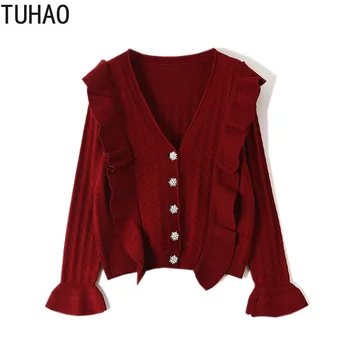 

Fall Flare Sleeve Knit Cardigan Sweater Woman's Tops Ruffles Single Breasted Knitted Jacket Casual Coat Outerwear T93002