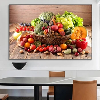Vegetable and Fruits In Basket Kitchen Canvas Paintings Decor Poster and Prints Green Food Picture for Dining Room Decoration