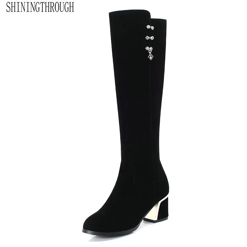 

2020 Flock round Toe Concise Elegant Knee High Boots Fashion Square High Heel Zipper Autumn Winter Women Shoes Size34-43