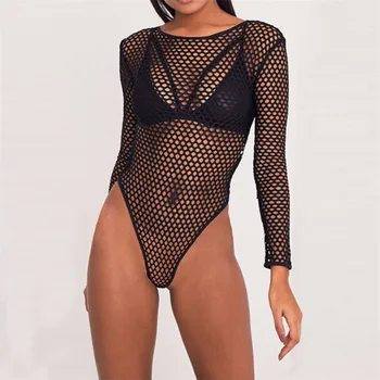 

Women's Mesh Fish Net Slim Bodysuit Leotard Top Long Sleeve Playsuit Jumpsuit Black Sexy Hollow Out Clubwear
