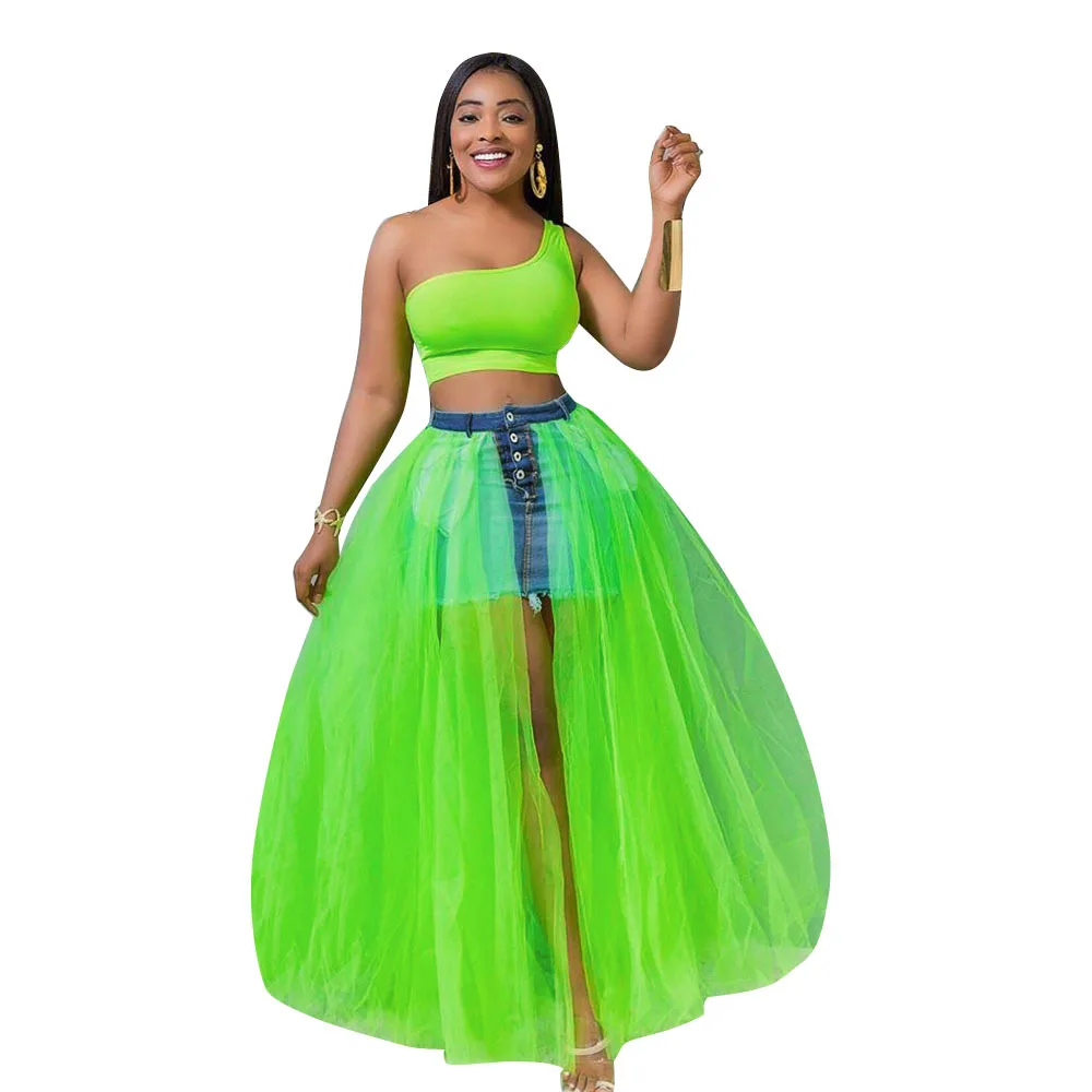

Neon green summer women skirts denim patchwork sexy mesh maxi skirt female party skirt elegant DG4406