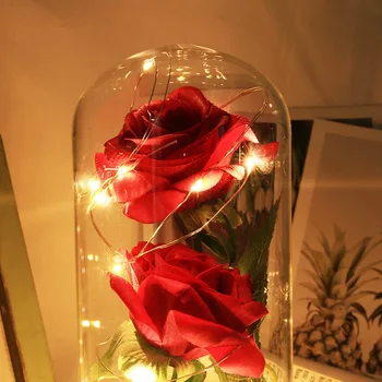 

Beauty and the Beast Red Rose in a Glass Dome on a Wooden Base Rose Lamp for Valentine's Gifts 2 Rose