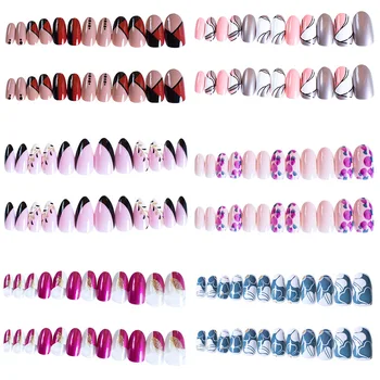 

Finished Product Manicure Patch Big Pointy Printed Fake Nails 12-Piece Wearable DIY Nail Tip Hot Sales