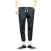 Простые повседневные хлопковые и льняные брюки длиной до щиколотки модные трендовые однотонные мужские брюки размера плюс