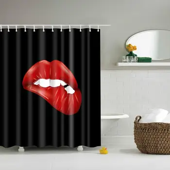 

Waterproof Thicken Polyester 3D Black Shower Curtain Red Lips Mildew Proof Bath Tub Curtain with 12 pcs Hooks