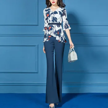 

Chiffon Pantsuit Women Sets Clothes For Work Two Piece Print Blouse Top Trousers Office Lady Spring Summer Clothes Pants Suits