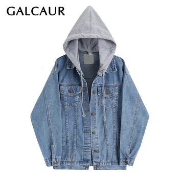 

GALCAUR Korean Jean Jacket Female Lapel Collar With Hat Plus Size Loose Casual Jackets Coats Women Clothes 2020 Autumn Fashion