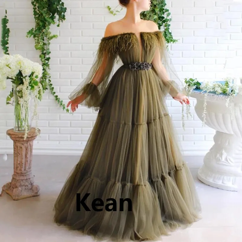 

Off Shoulder Feathers Puff Sleeve Evening Dress Islamic Dubai Kaftan Saudi Arabic Evening Gown Prom Dress Boho vestidos de festa