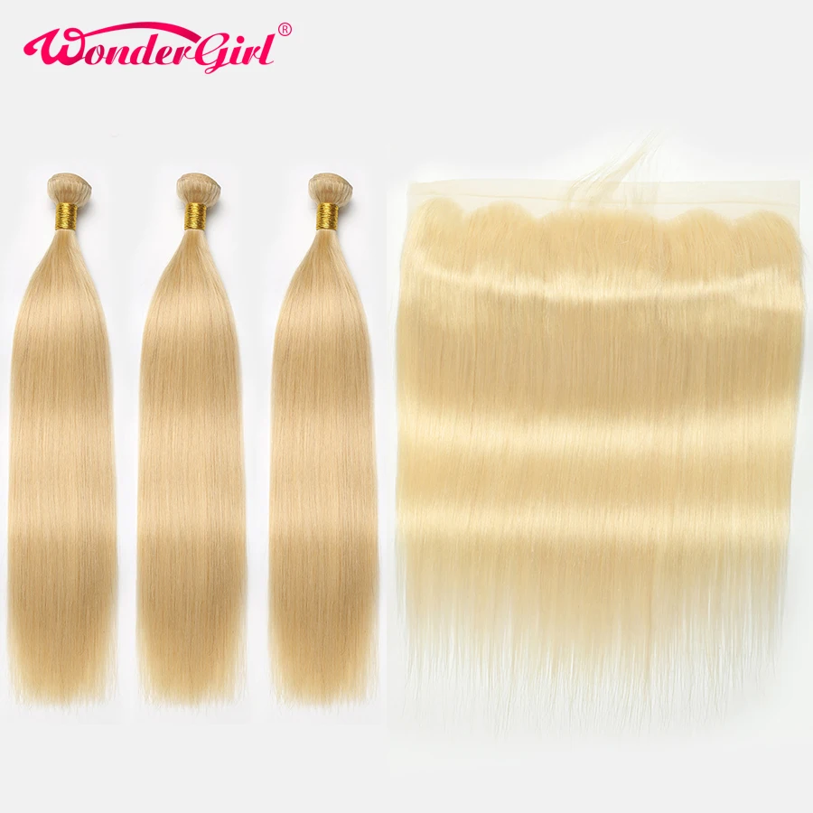 

613 Bundles With Frontal Remy Brazilian Straight Hair Bundles With Frontal Blonde Human Hair 3 Bundles With Frontal Wonder girl