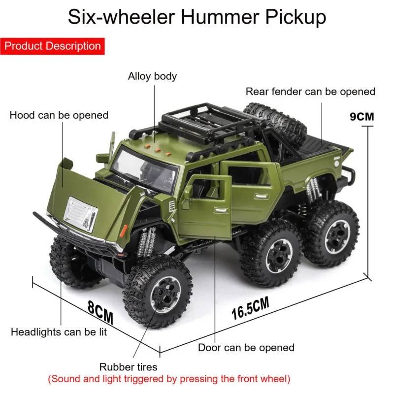 High Imitation 1/32 Hummer Die-cast Alloy Six-wheel SUV Pickup Car Model Six-door Sound-light Metal Model Collection Kids Toys