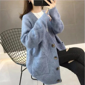 

Solid Color Pocket Knitted Cardigan Sweater Women Loose Lazy Single-breasted Long-sleeved V-Neck Sweater Female Spring Autumn