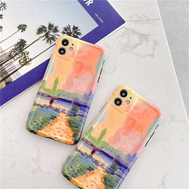 

Oil painting Mountain path Couple's Phone Cover Case For Iphone X 11 pro Xs Max Xr 10 8 7 se 4.7 Plus Luxury Soft Coque Fundas