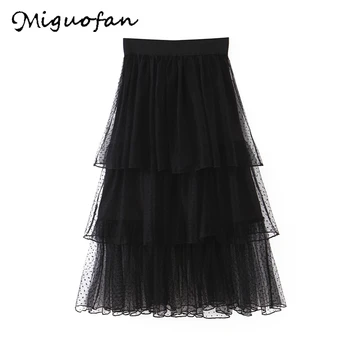 

Miguofan Black skirt Women lace mesh cascading ruffle Skirts Vintage Dotted Maxi Fashion Elastic Waist Ladies Skirts bottoms za