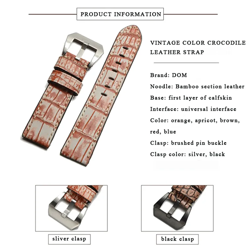 DOM Crocodile Genuine Leather Strap Watch Band for Men Watchband 22 24 26mm Watch Strap Alligator Leather Watch Belt Blue