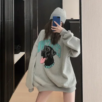 

Autumn 2019 New Bf Cute Dog Print Long Sleeve Student Top Women's Loose Medium Long Pullover
