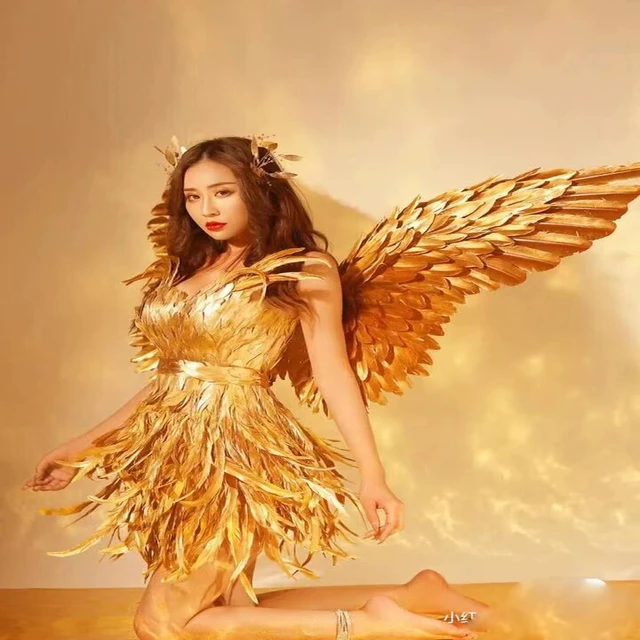 Gold angel wings costume sexy baby stage show dance wear DJ party girl  outfit Golden feather costumes - AliExpress