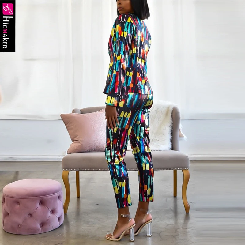 Women Plus SizeTwo Piece Matching Sets Tie Die Printed Long Sleeve Blazer& High Waist Bodycon Skinny Pants Chic Suit