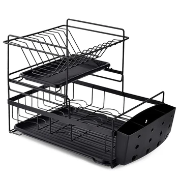 

2 Tier Iron Dish Rack Kitchen Organizer Storage Drainer Drying Plate Shelf Sink Supplies Knife and Fork Container