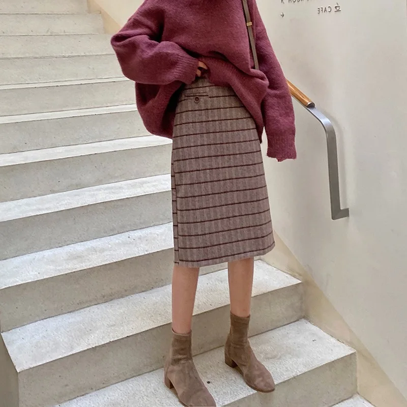 

Plaid Woolen Skirt Women's Winter Mid-length Korean-style High-waisted Students Sheath Step A- line Skirt Sub-
