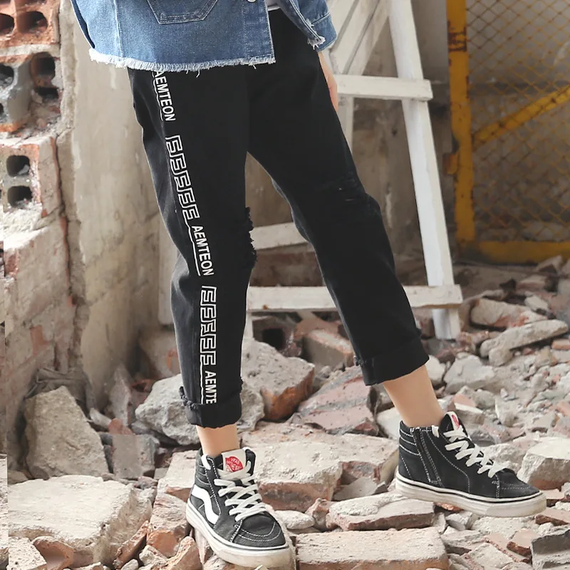 

El Monte 2019 Spring New Style GIRL'S Jeans Black And White with Pattern Middle And Large CHILDREN'S Trousers Korean-style CHILD