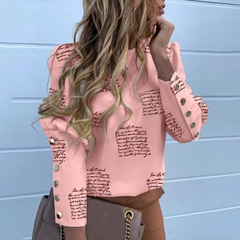 

Puff Shoulder Blouses Shirts Office Lady 2020 Spring Metal Buttoned Detail Blouse Women Letters Print Long Sleeve Tops
