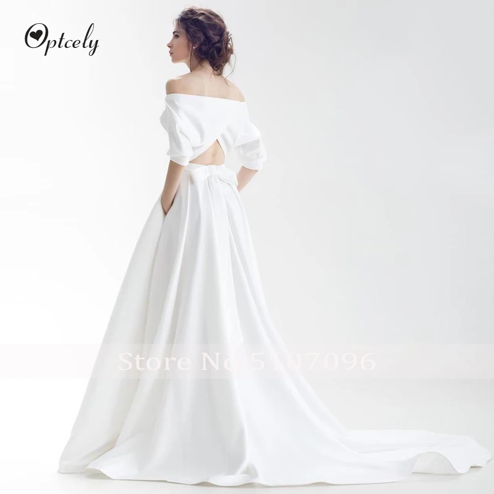 Optcely Vestido de Noiva Элегантные Простые белые атласные свадебные платья трапециевидной формы с бантиком и вырезом лодочкой Платья с коротким рукавом и коротким шлейфом