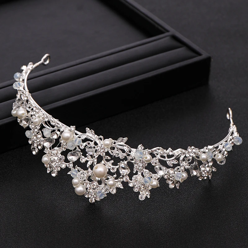 Trendy Bridal Wedding Crown Hair Accessories Luxury Silver Pearl Rhinestone Crystal Crown Princess Birthday Crown Bridal Crown