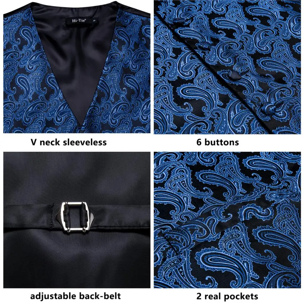 Hi-Tie бренд мужской классический Шелковый взрослый жилет галстук набор для мужчин костюм жилет роскошный синий Пейсли Мужской дизайнерский костюм жилет