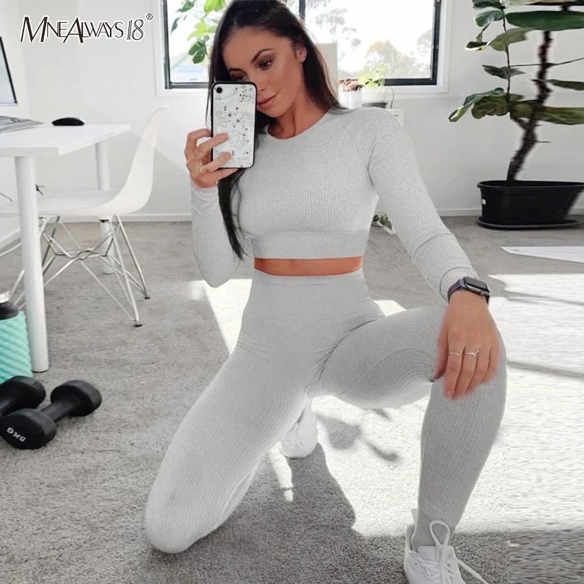

Mnealways18 Bodycon Two Piece Set Top And Pants Tracksuit Female Set Casual Long Sleeve Crop Top Sport Outfit Women 2019 Autumn