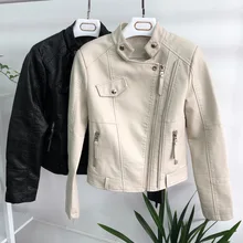 2022new New Autumn Women Beige Pu Faux Leather Jacket Motorcycle Biker Black Slim Fit High Street Female Coat Outwear
