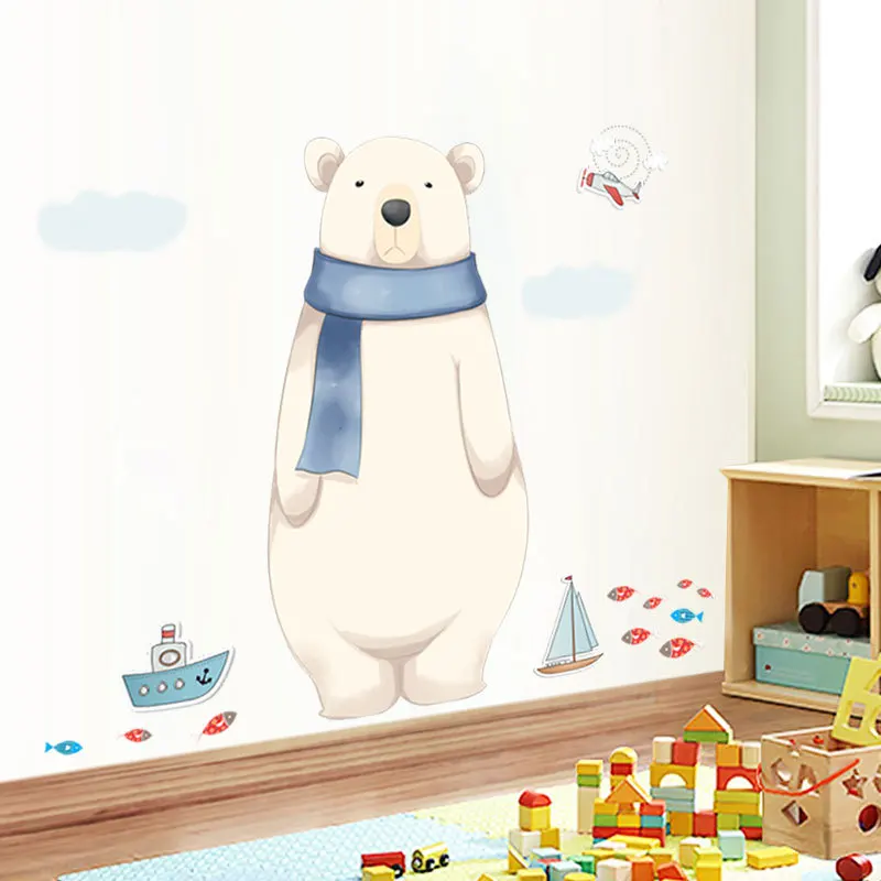 Мультяшный белый медведь, стикер на стену, детская комната, спальня, детская декорация, настенные наклейки, обои, искусство, съемная наклейка s