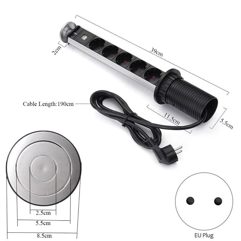 AAAE топ-5 мощность Кухня стол электрическая розетка мощность 1 Led+ 2 Зарядка USB алюминиевая полка черная крышка ЕС вилка