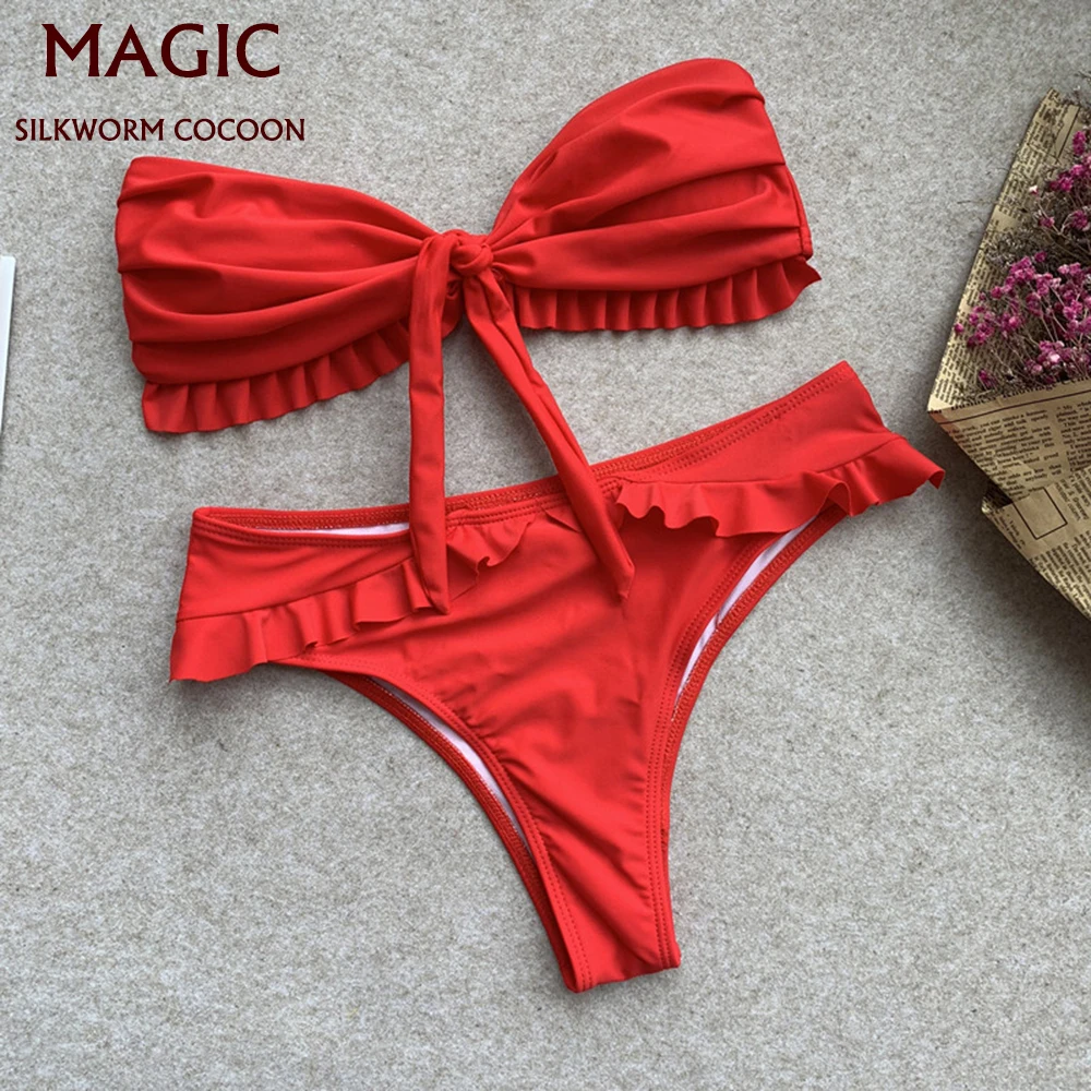 

Padded Push Up Bikini Set Flower Ruffles Swimsuit For Women Sexy Solid Bandeau Female Bathing Suit New Summer Swimwear Biquini