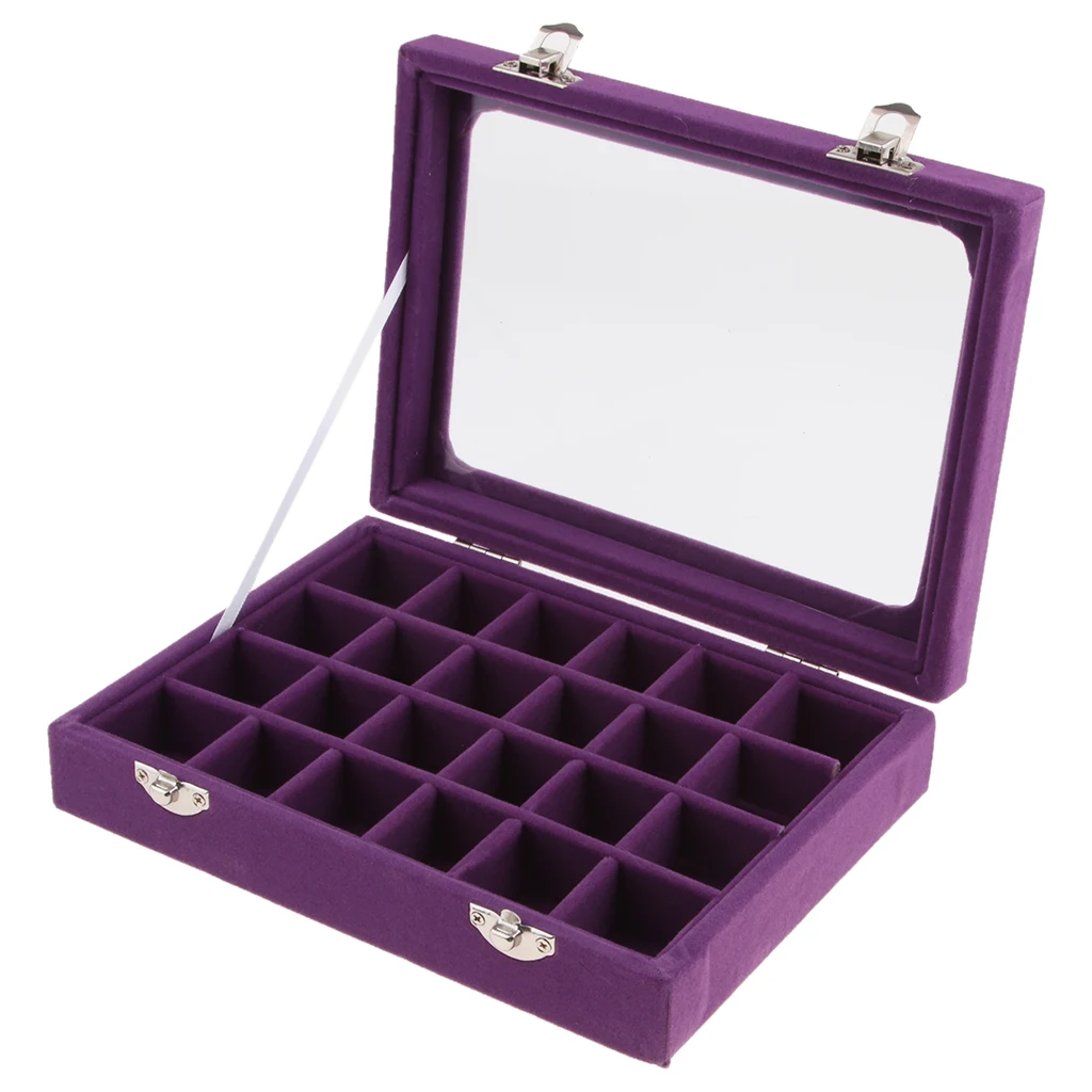 Clear Glass Lid Jewelry Tray 24 Grid Earring Ring Display Storage Box Showcase