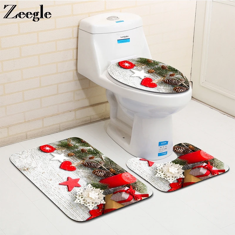 Zeegle Christmas Bathroom Rug Set Anti Slip Bathroom Carpets Absorbent Toilet Pedestal Rug Foot Mat Washable 3pcs Toilet Set