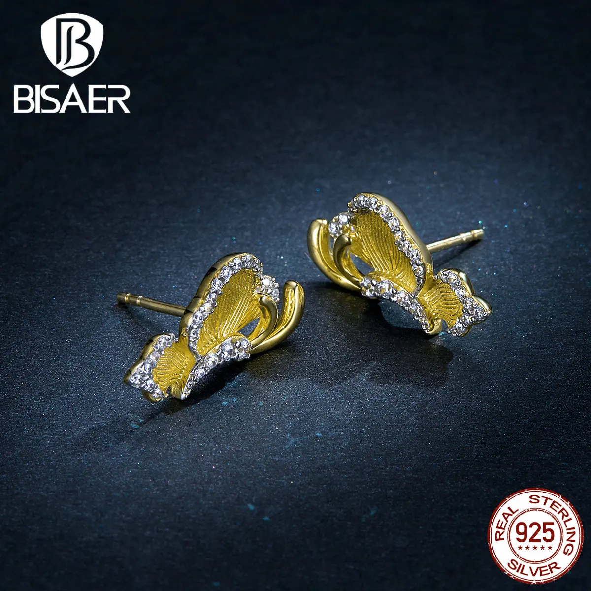 Butterfly Earrings BISAER 925 Sterling Silver Blooming Butterfly Stud Earrings Stud Crystal Cubic Zircon Jewelry EFE254