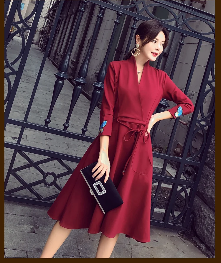 Dress Winter Korean-style New Style Fashion Long Sleeve WOMEN'S Dress V-neck Slim Fit Big Skirt