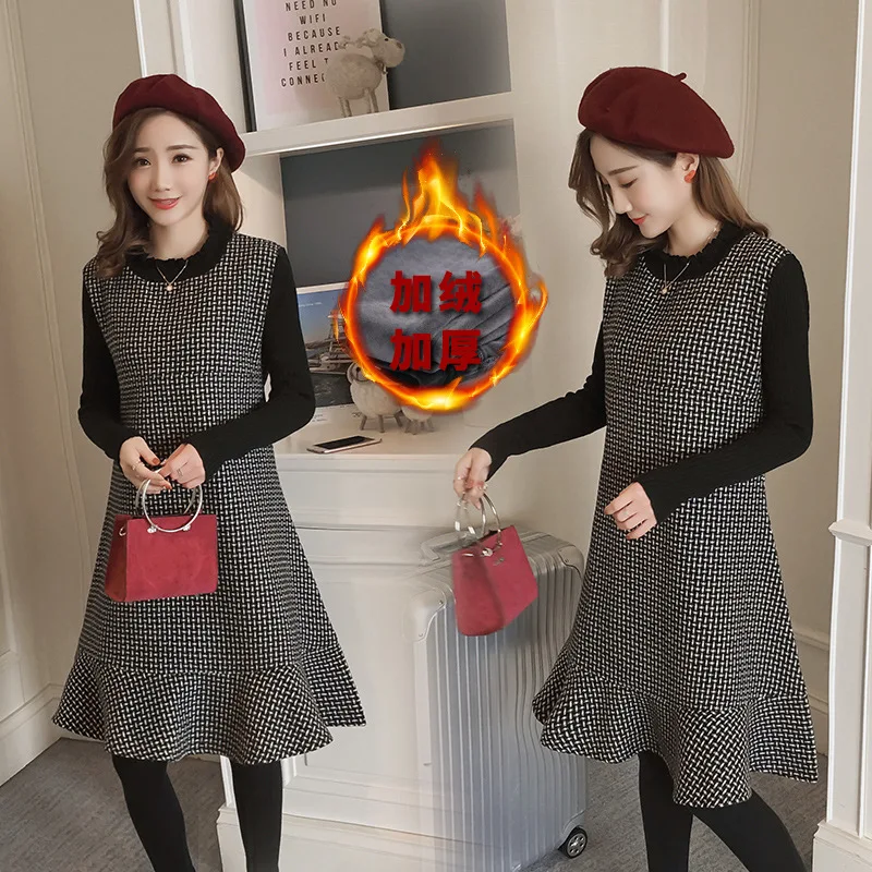 

2019 Nursing Dress Brushed And Thick Korean-style Winter Style Plaid Mock Two-Piece Dress Fishtail Skirt Nursing Clothes