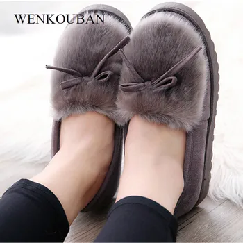 

Winter Women Slippers Fur Outdoor Home Slippers Female Casual Warm Slippers Ladies Platform Bowtie Plush Loafers Calzado Mujer