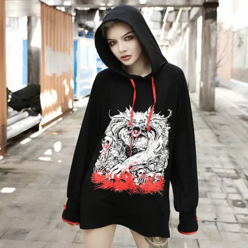 Ruibbit Harajuku винтажная женская готическая BF с рисунком дракона черная уличная одежда с длинным рукавом свободная толстовка с капюшоном - Цвет: Черный